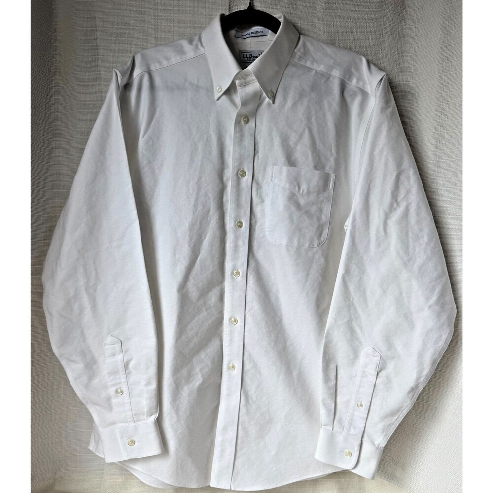LL Bean Dress Shirt Mens 15.5 35 Traditional Fit White Check Wrinkle Free Cotton